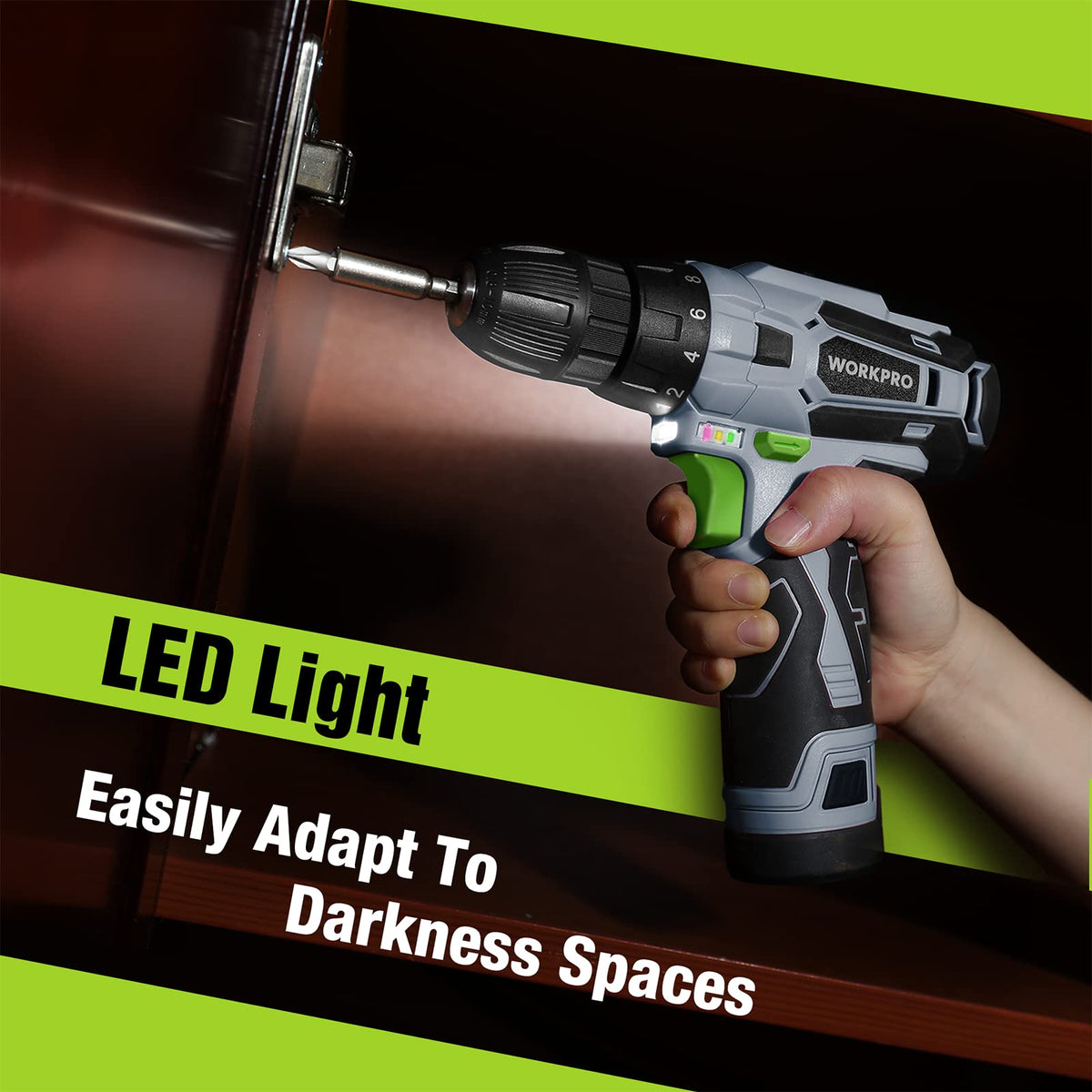 WORKPRO cordless drill driver kit with two-speed settings and ample accessories.
