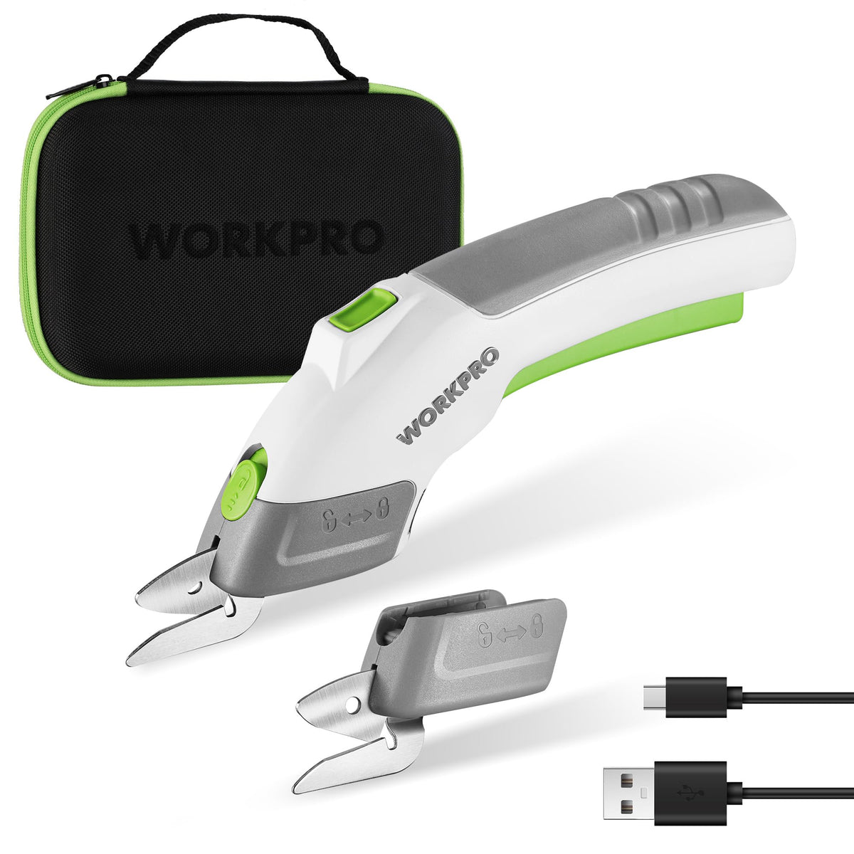 WorkPRO cordless scissors with two blades for precise fabric and paper cutting