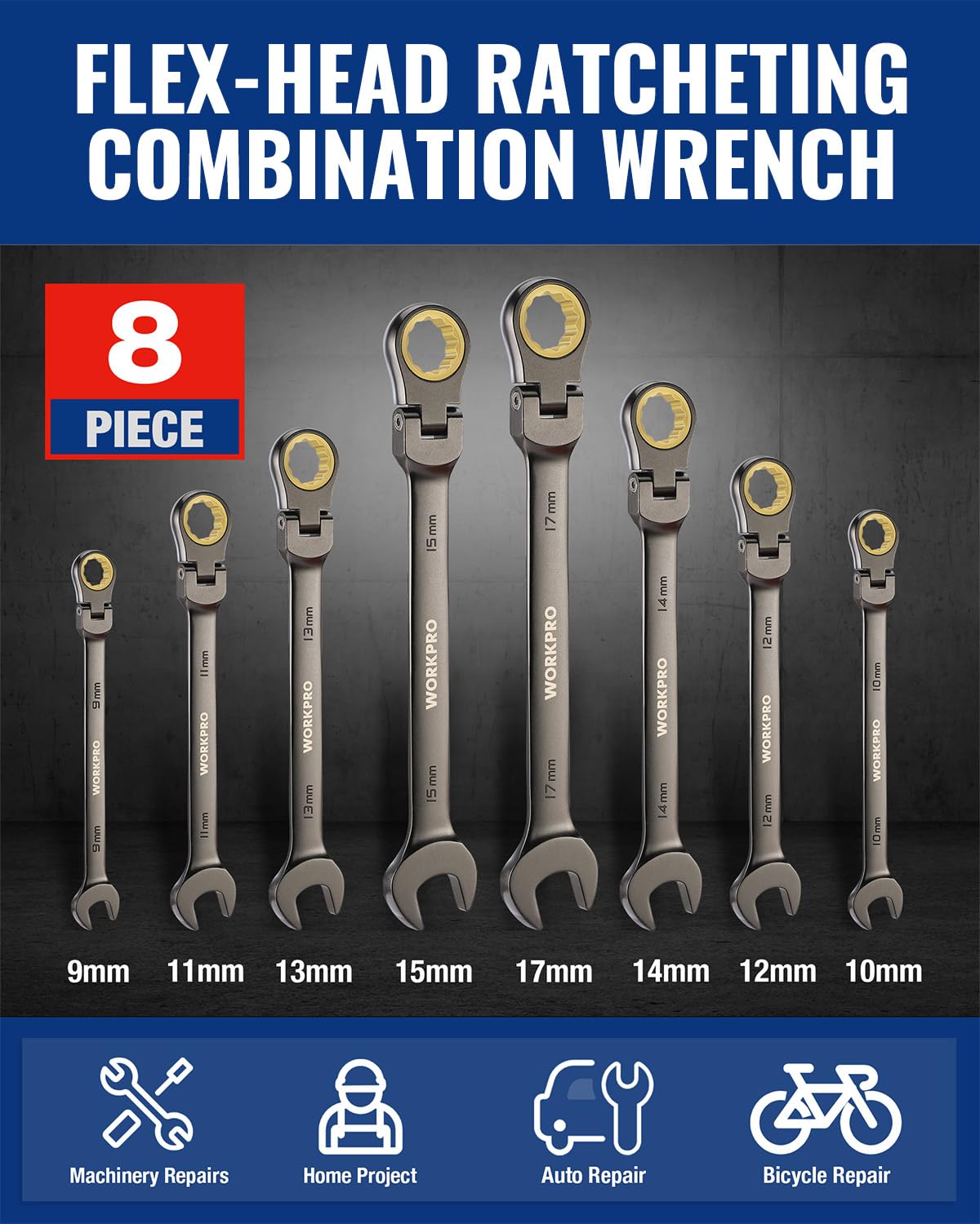 CR-V alloy, nickel-plated WORKPRO wrenches emphasize durability and corrosion resistance.