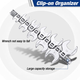 WorkPro crowfoot wrench organizer with 14 clips keeps tools orderly.