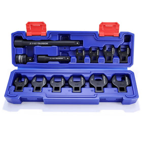WORKPRO crowfoot wrench set overview showing compact storage and full metric range for versatile repairs.