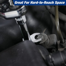 WorkPro crowfoot wrench in engine bay demonstrating access to restricted bolts.