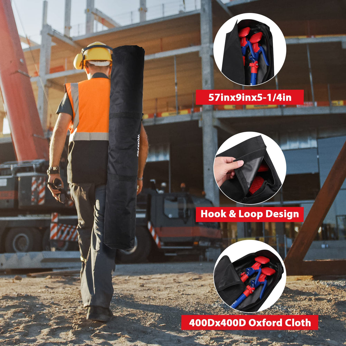WORKPRO crown molding task aided by third-hand pole for steady alignment.