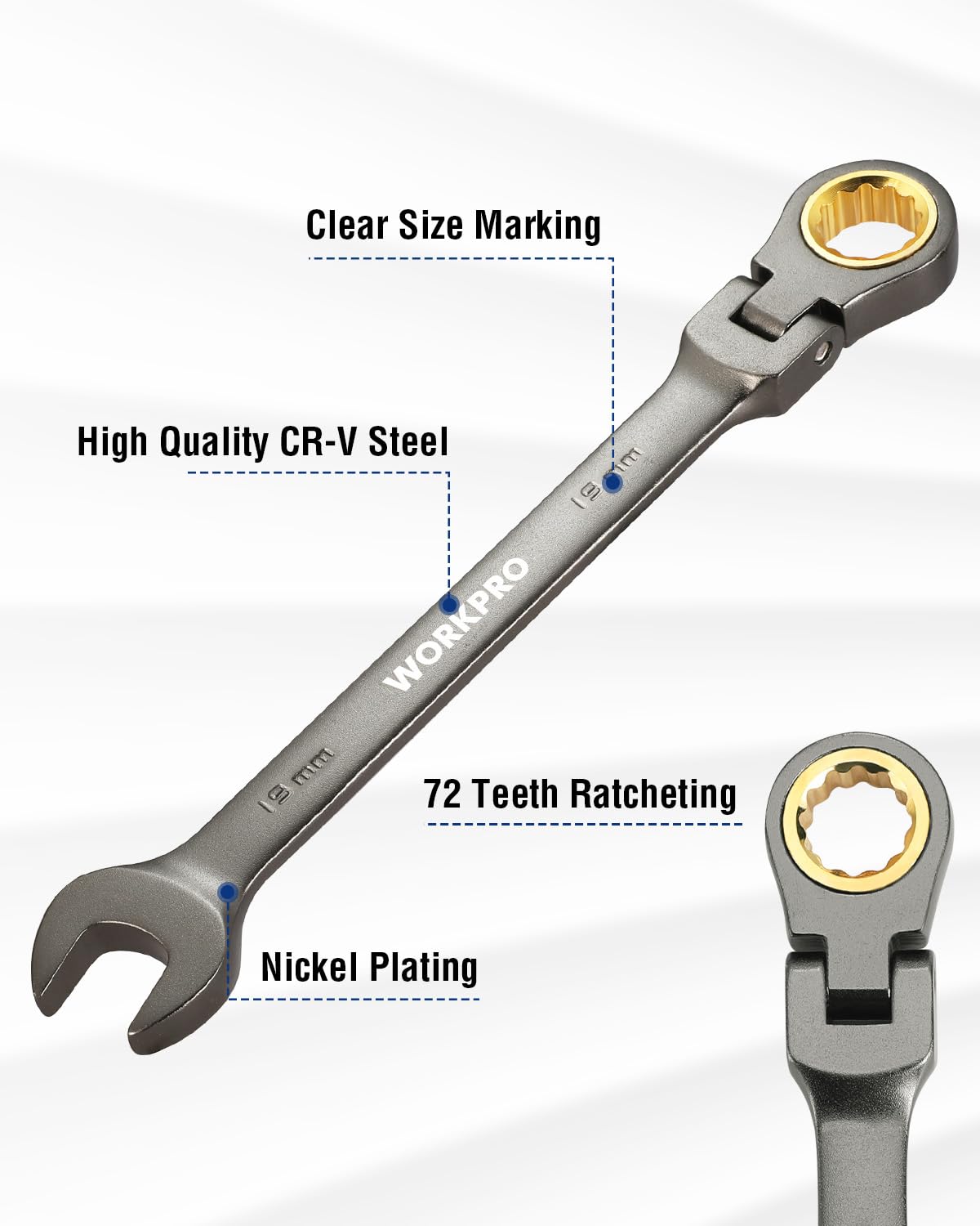 WORKPRO CR-V nickel-plated wrench emphasizes durability and corrosion resistance.