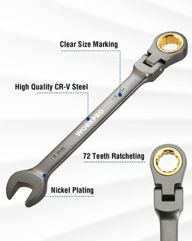 WORKPRO CR-V nickel-plated wrench emphasizes durability and corrosion resistance.