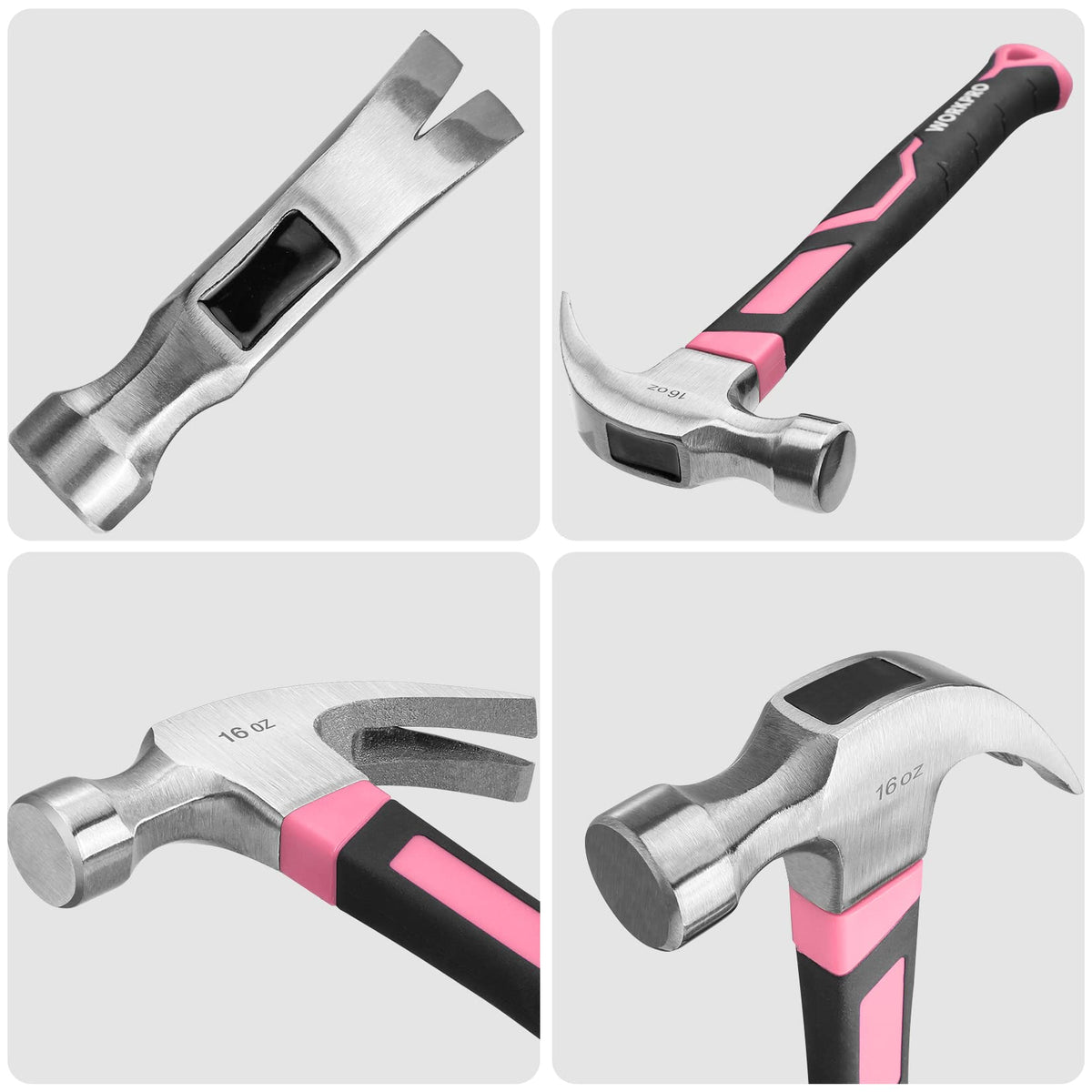 WORKPRO curved hammer design enables versatile prying in compact work areas.