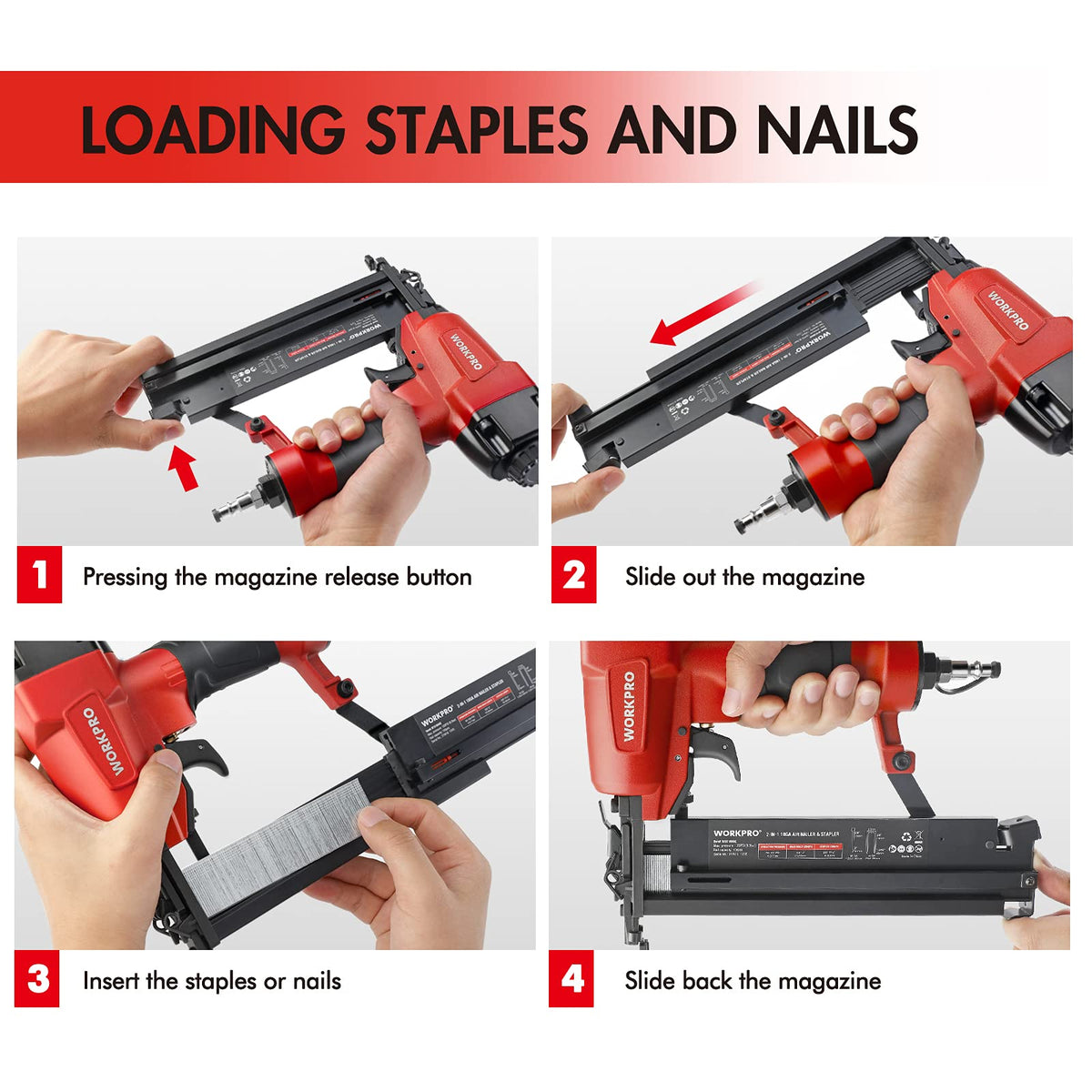 WORKPRO depth adjustment wheel demonstrates customizable nail depth for different materials.