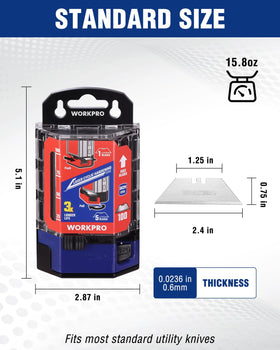 WORKPRO dispenser release button and five-blade option for efficient batch changes.