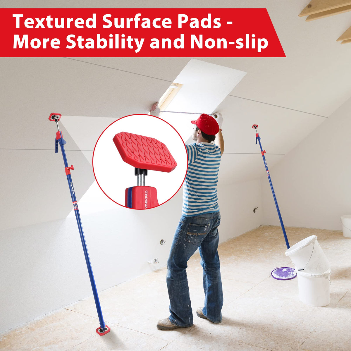 WORKPRO drywall lift-ready pole supports overhead installations hands-free.
