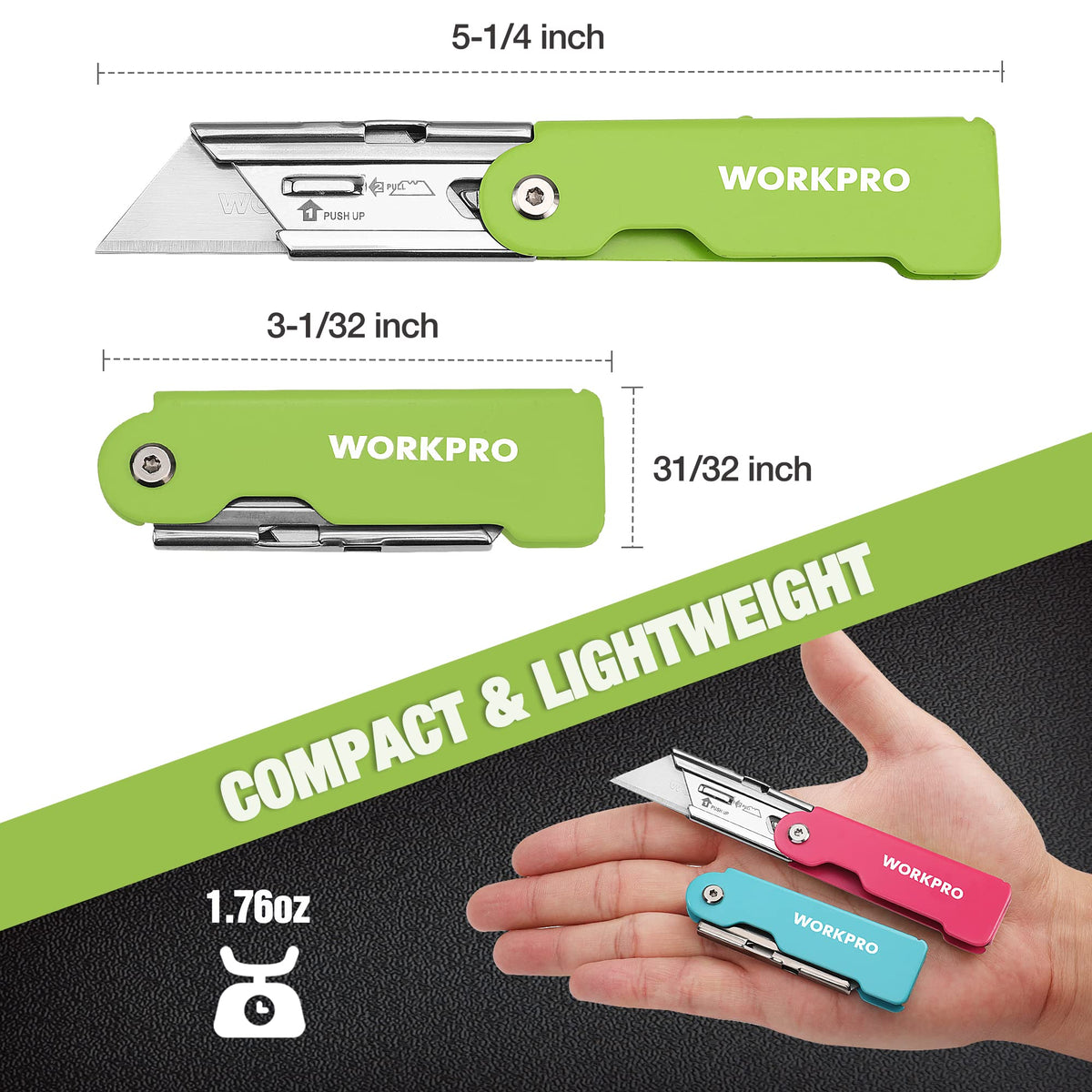 Distinct color trio helps identify each WORKPRO knife on site.