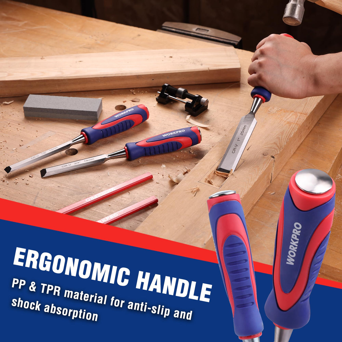 WORKPRO ergonomic non-slip handles improve comfort during long sessions