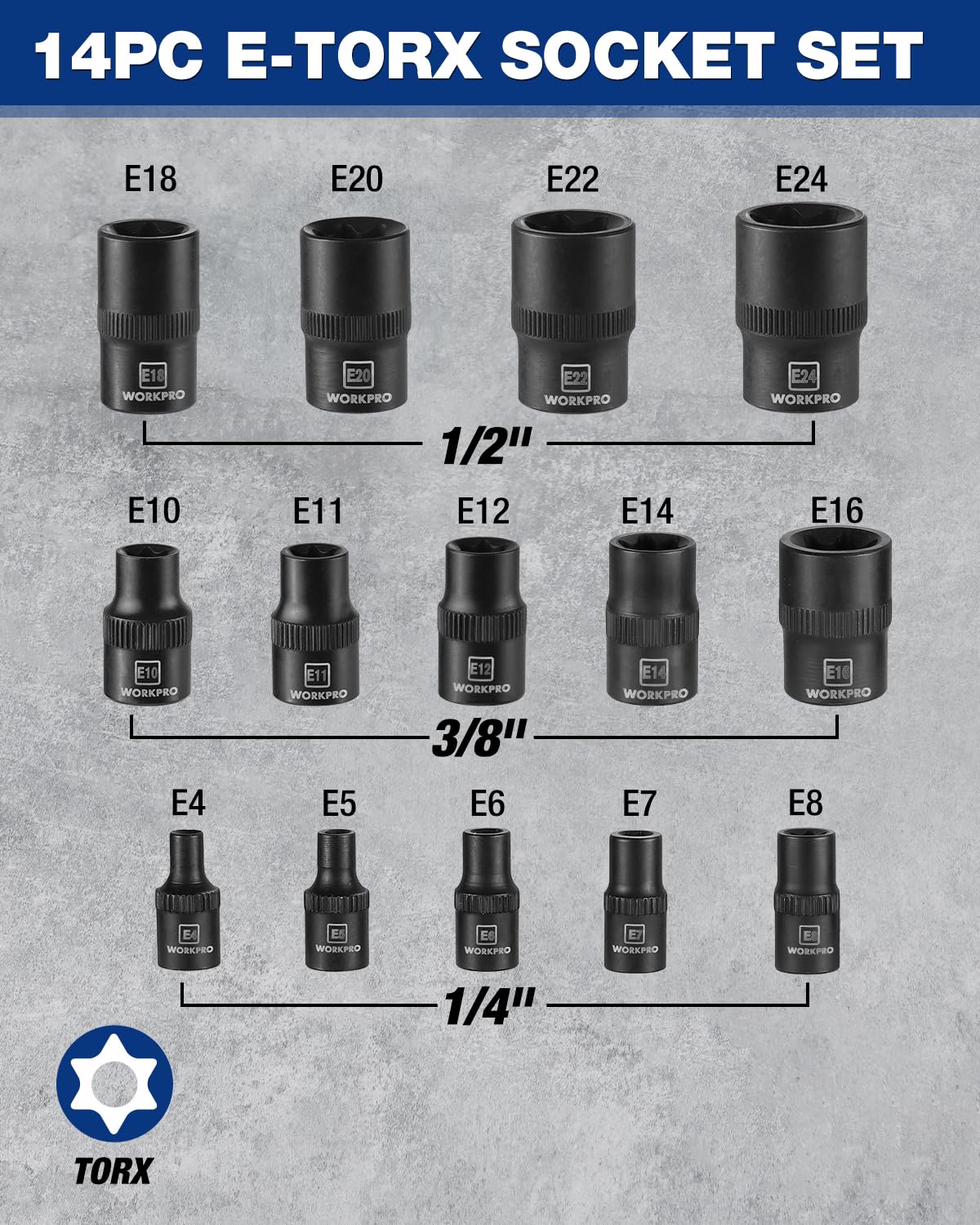 WORKPRO ETorx sockets E4 to E12 showing varied sizes for precise fit