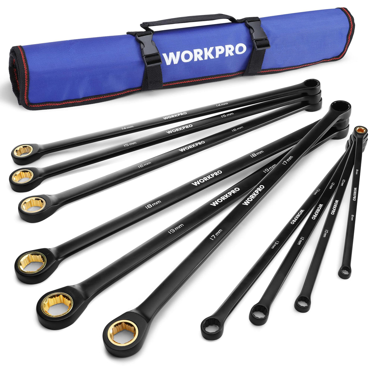 WORKPRO extra-long ratcheting wrenches in a box set for versatile automotive use.
