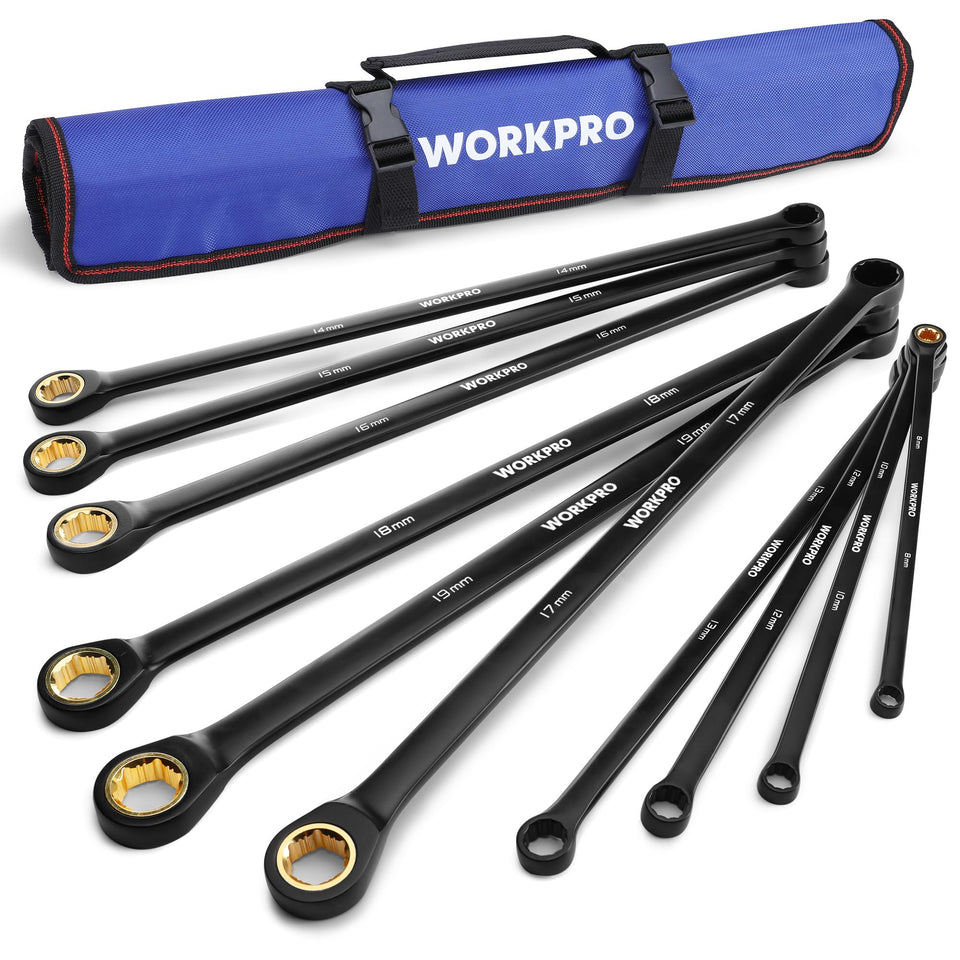 WORKPRO extra-long ratcheting wrenches in a box set for versatile automotive use.
