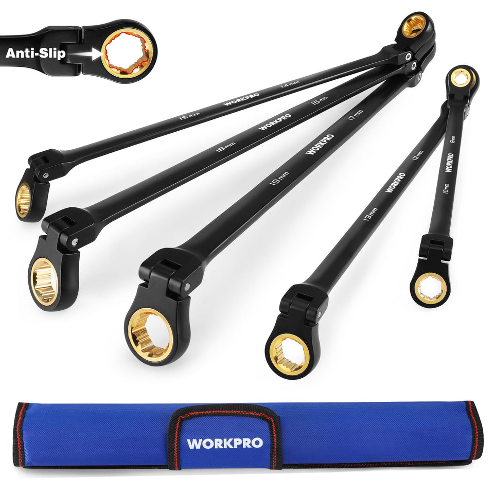 WORKPRO extra-long ratcheting wrenches with rolling pouch for organized tools