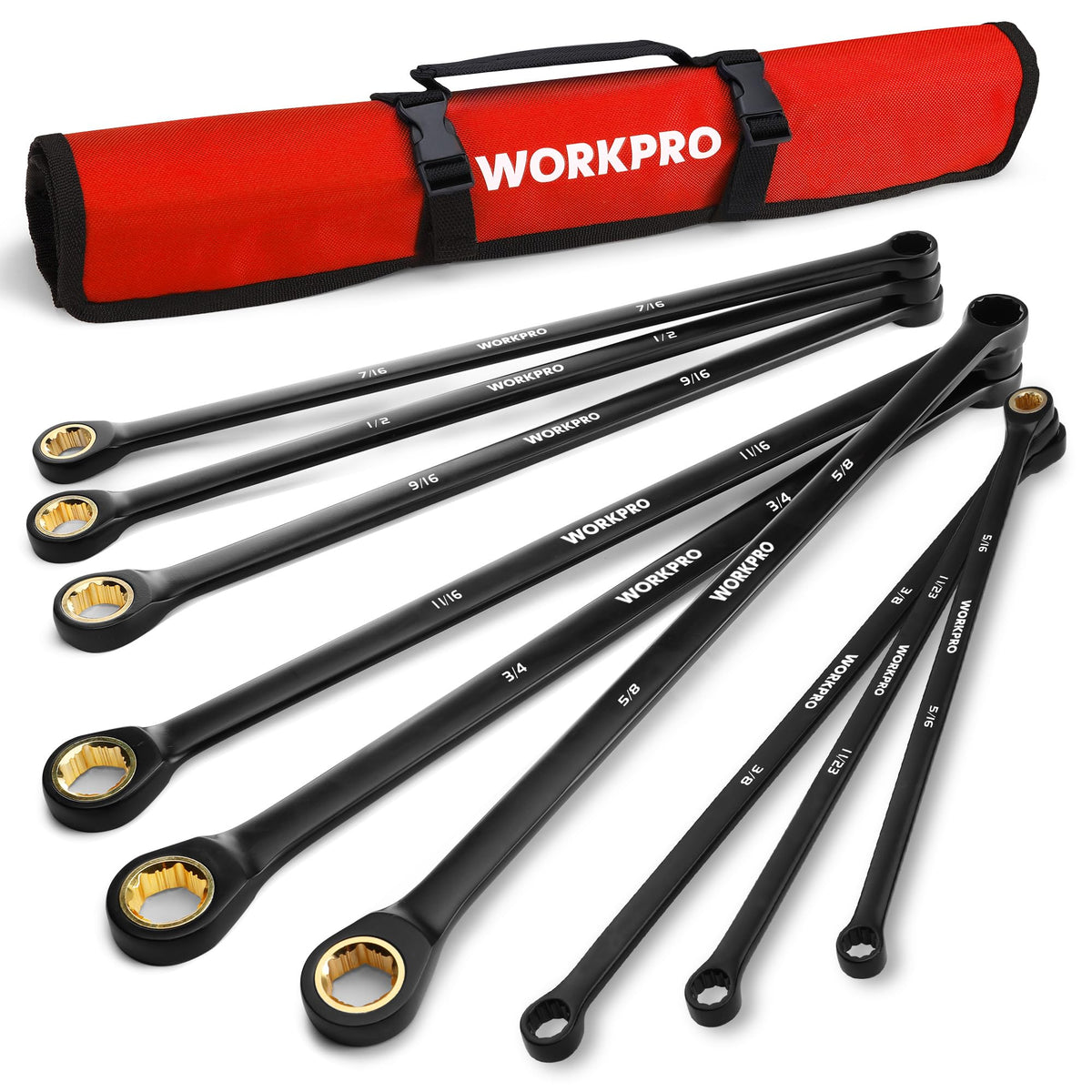 WORKPRO extra-long ratcheting wrench set with rolling pouch for portable on-the-go repairs.