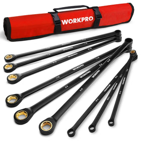 WORKPRO extra-long ratcheting wrench set with rolling pouch for portable on-the-go repairs.