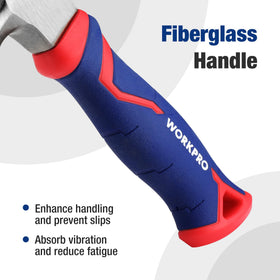WORKPRO fiberglass handle absorbs vibration for comfortable, steady strikes