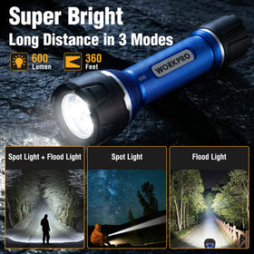 WORKPRO flashlight demonstrating 360 foot beam distance for outdoor use