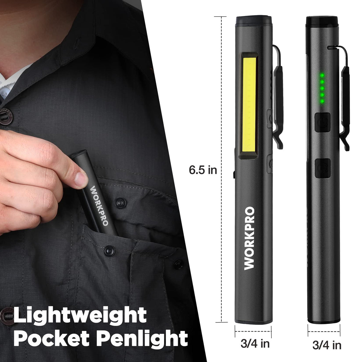 WORKPRO Aluminum body keeps the compact flashlight durable yet lightweight.