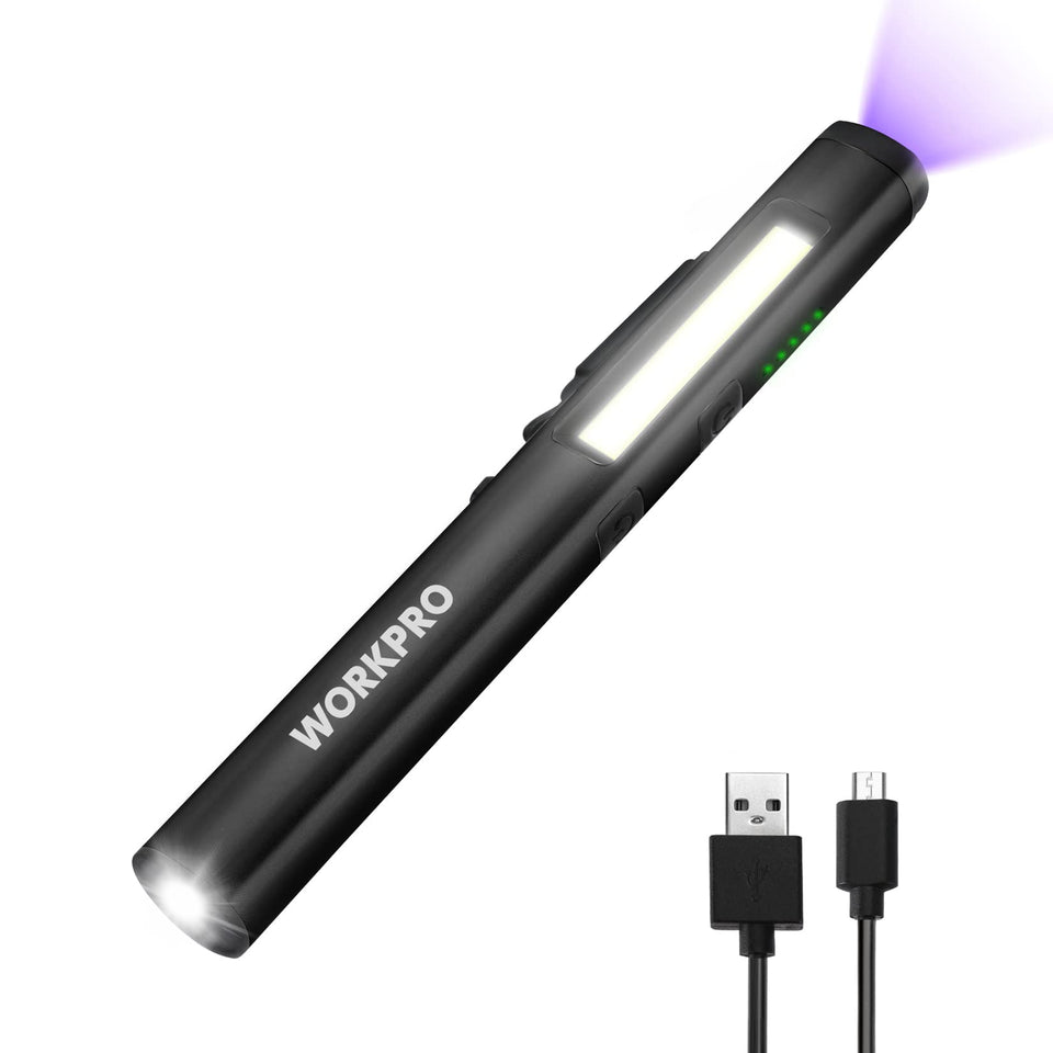 WORKPRO Flashlight Pen Light front view with compact pocket design and LED beam.