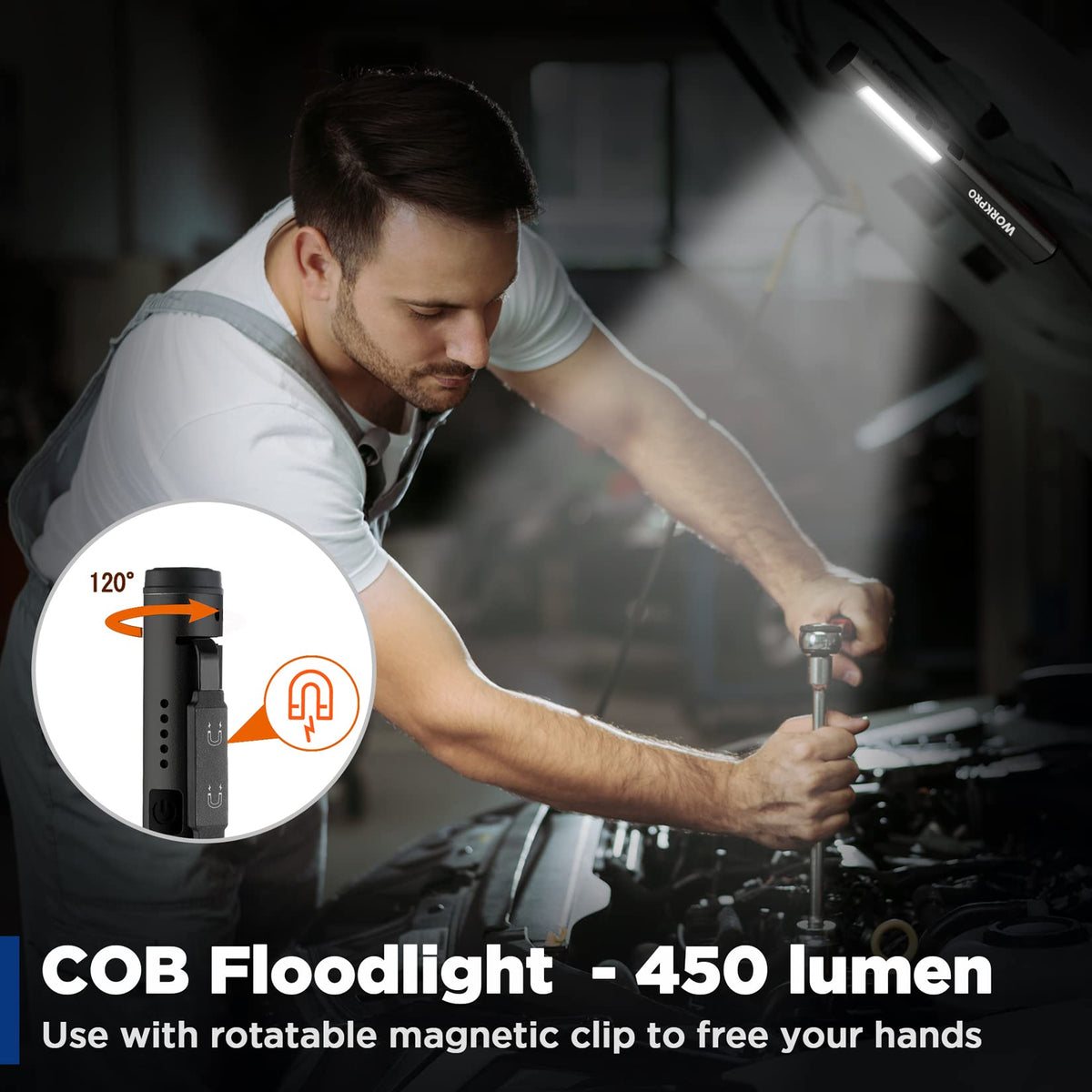 WORKPRO Magnetic clip enables hands-free lighting on metal surfaces.