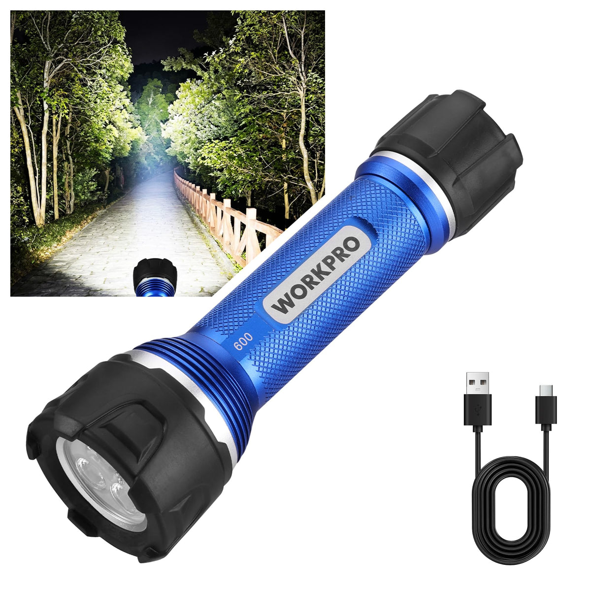 WORKPRO rechargeable flashlight with bright 600 lumen beam for precise repairs