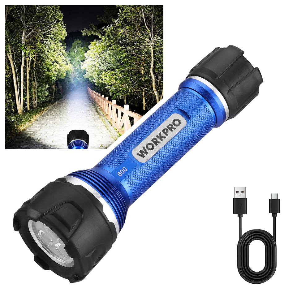WORKPRO rechargeable flashlight with bright 600 lumen beam for precise repairs