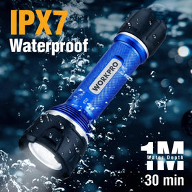 WORKPRO flashlight showing three modes for versatile lighting options