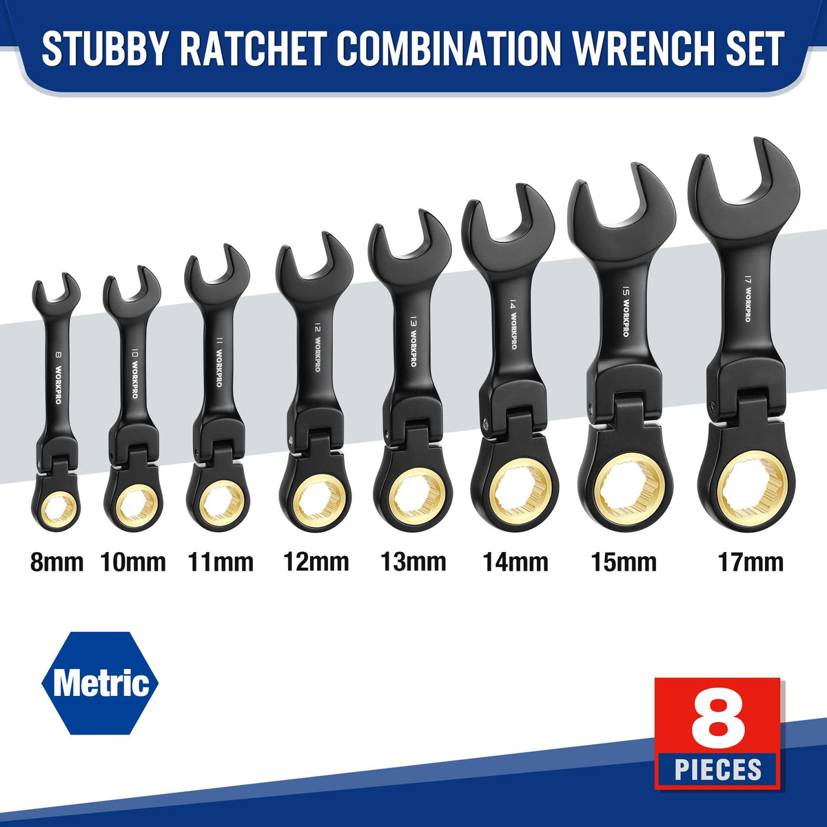 WORKPRO flex-head provides 180-degree reach for narrow spaces.