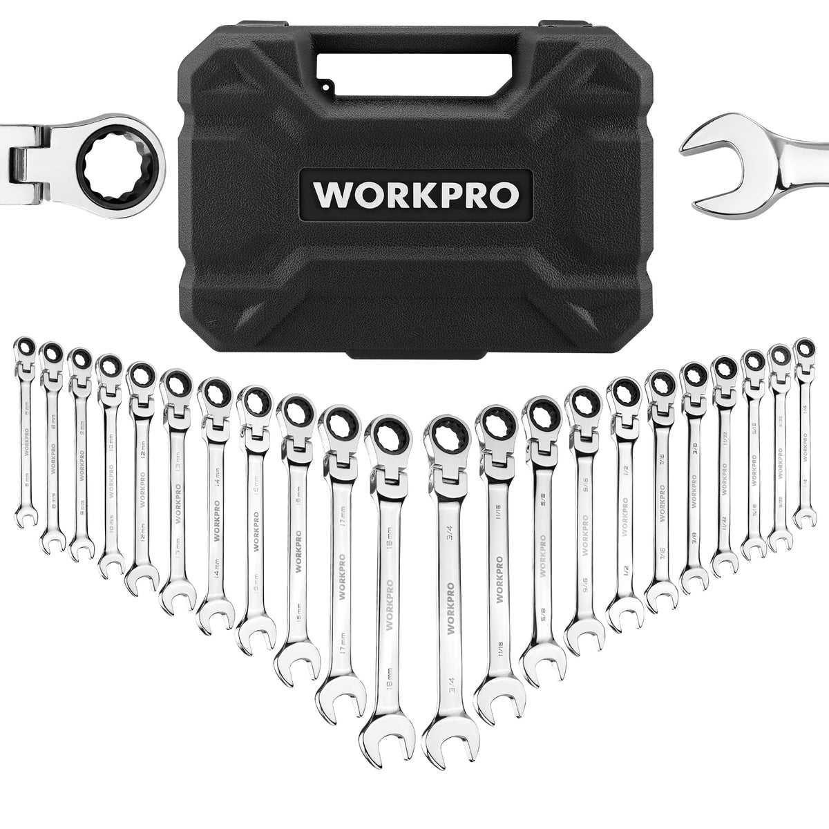 WORKPRO flex-head ratcheting wrench for tight spaces with 72-tooth precision.