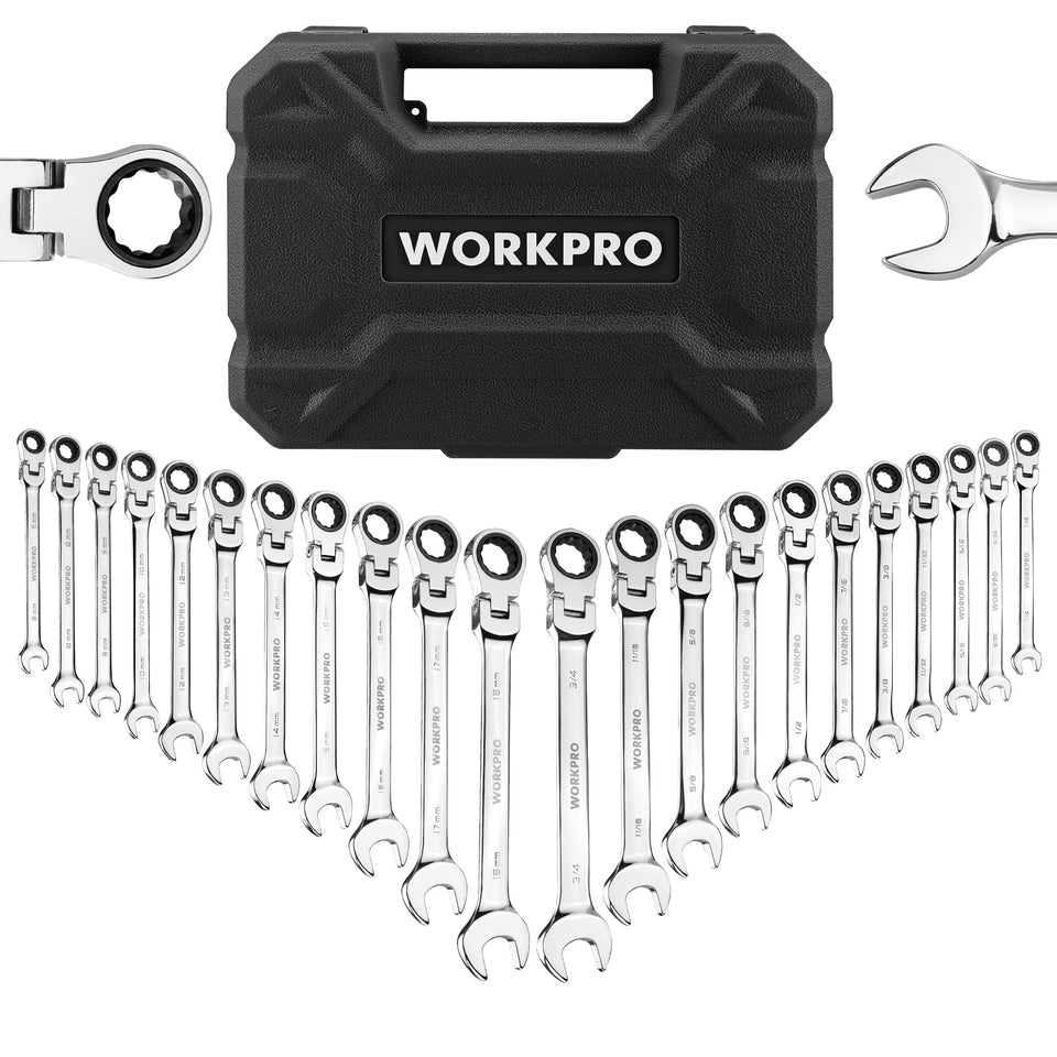 WORKPRO flex-head ratcheting wrench for tight spaces with 72-tooth precision.