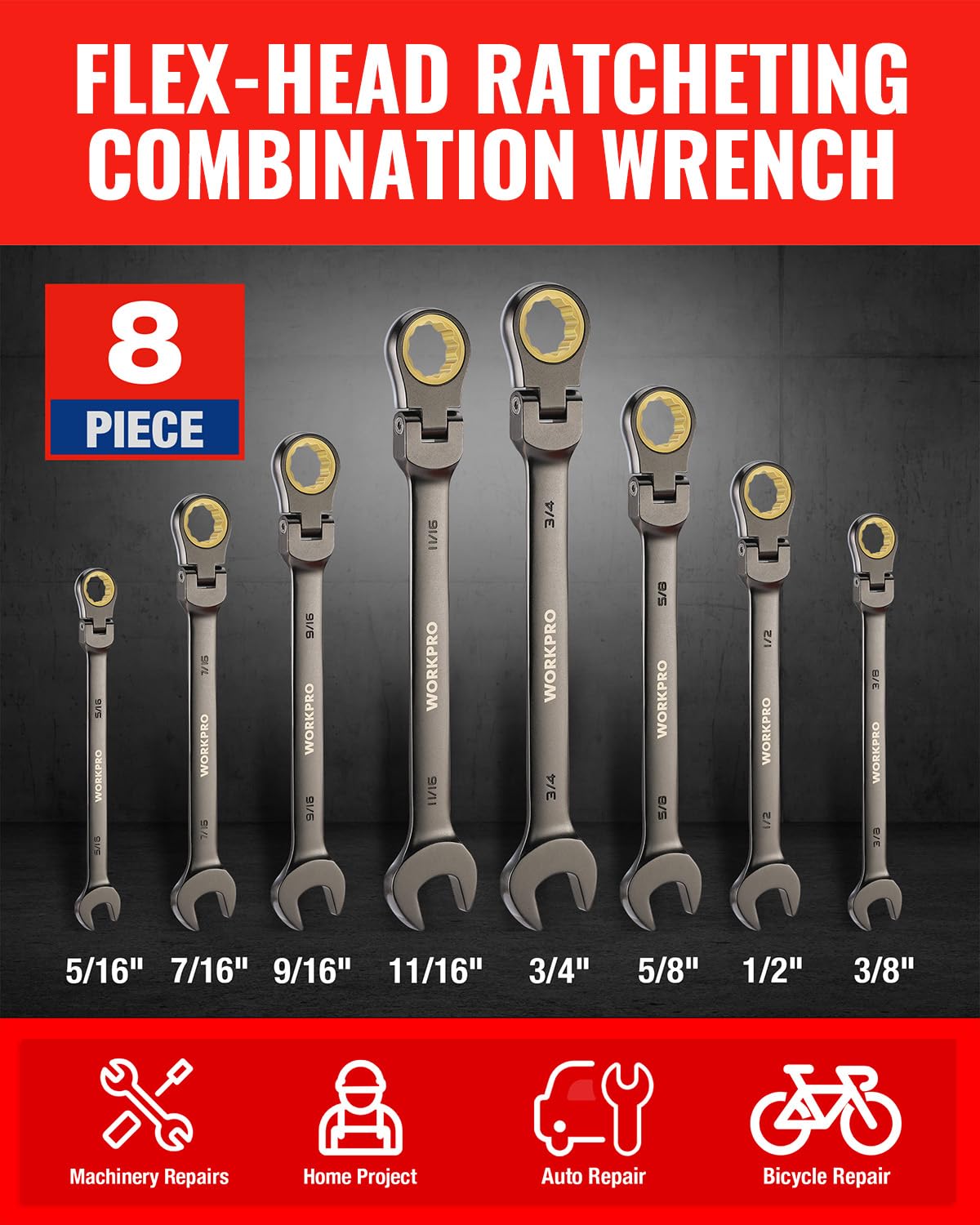 WORKPRO 5/16 inch wrench close-up showing precise box-end fit for secure fasteners