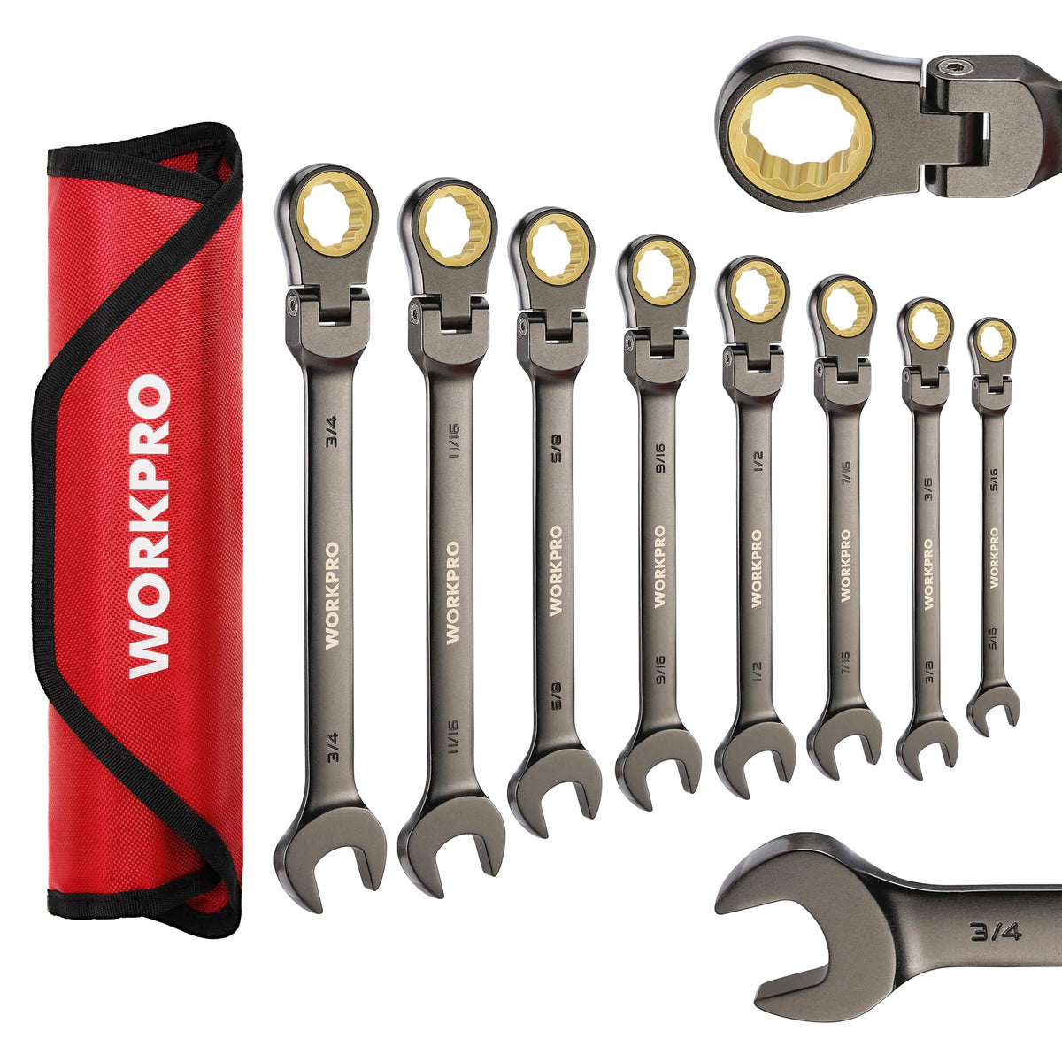 WORKPRO flex-head ratcheting wrench set displayed in case for organized storage