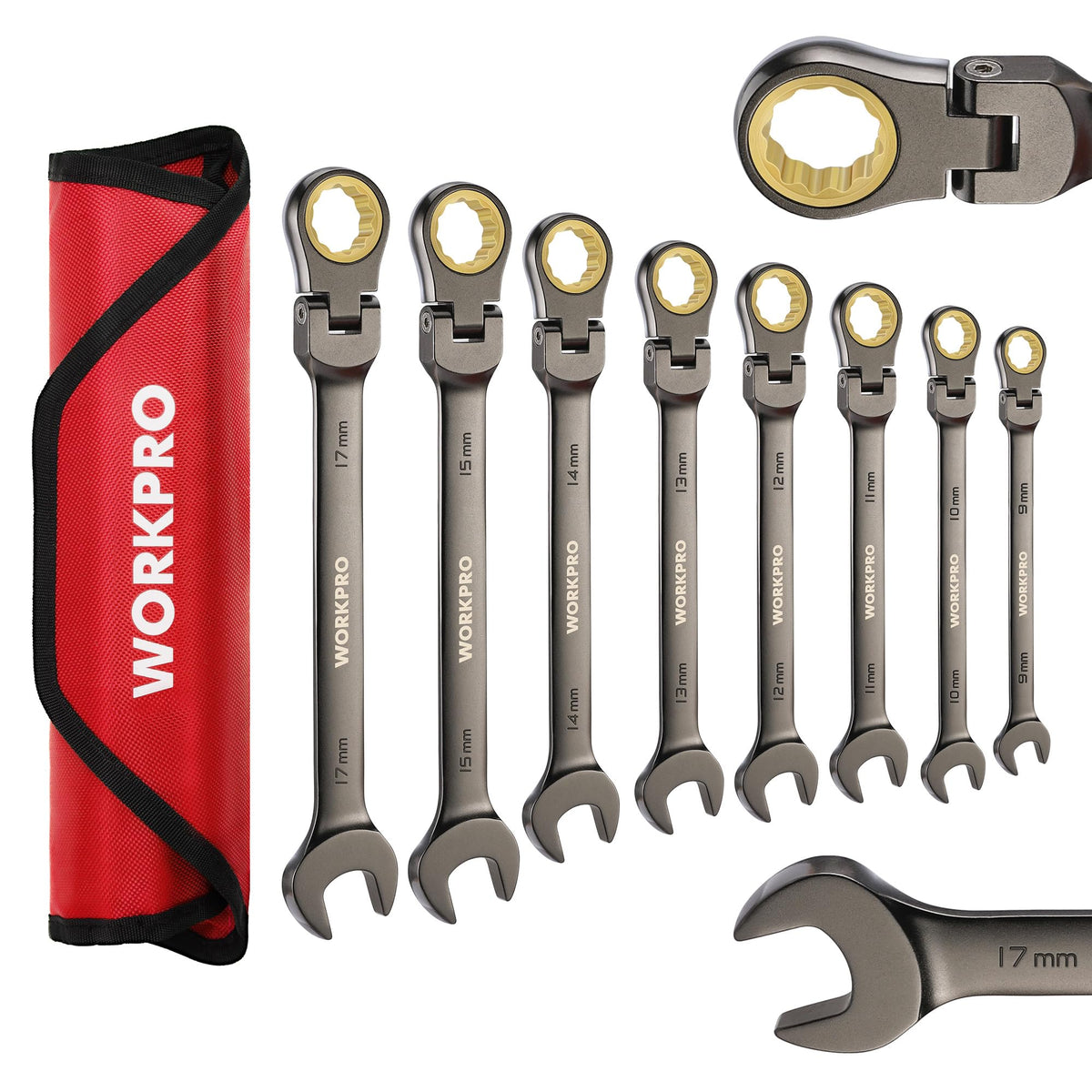 WORKPRO flex-head ratchet wrench set 9–17 mm for versatile tight-space use.