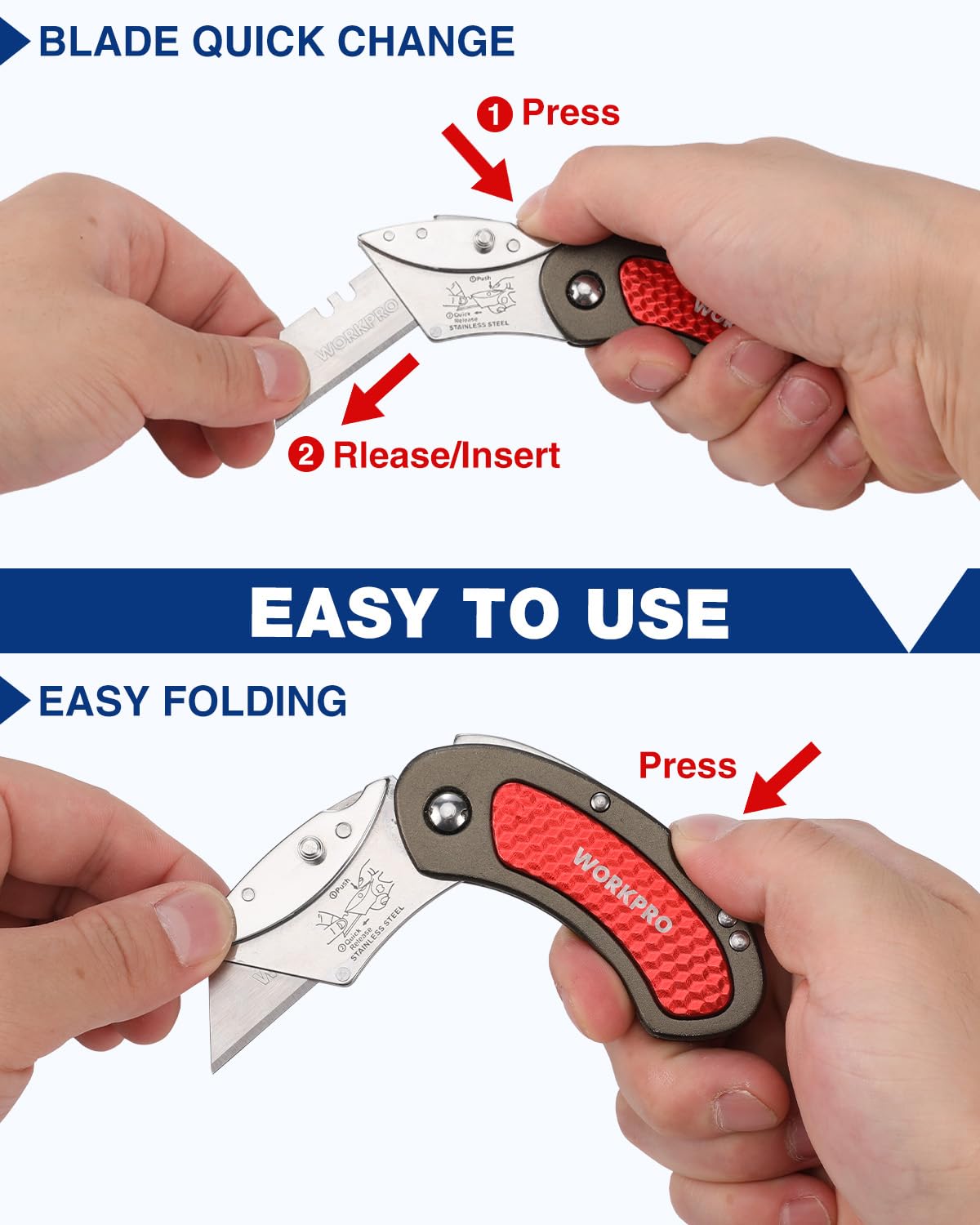 WORKPRO folding knife blue aluminum handle for confident grip.