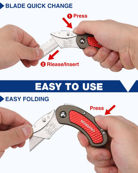 WORKPRO folding knife blue aluminum handle for confident grip.