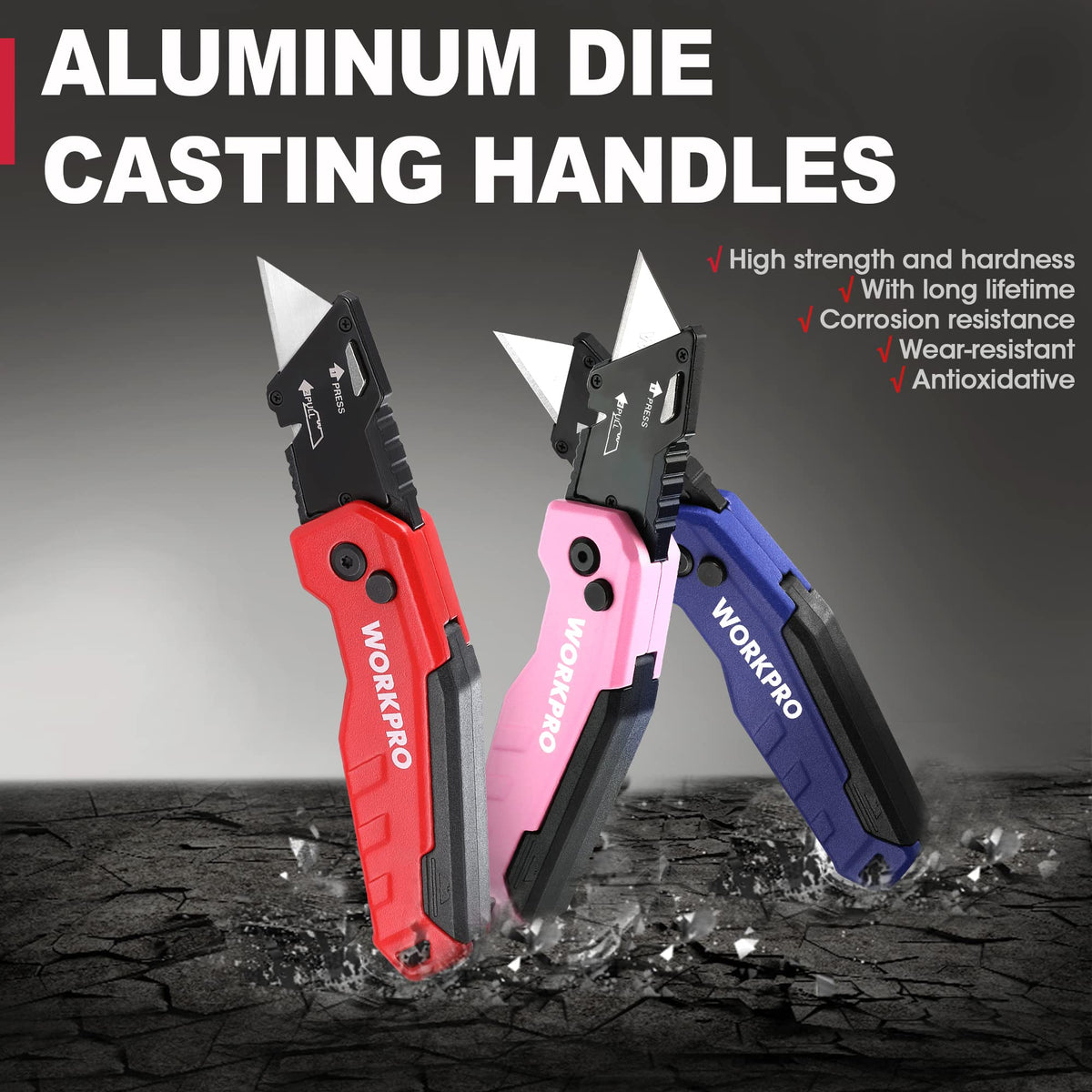 WORKPRO Folding Utility Knife backclip for secure carry on belt or pocket.