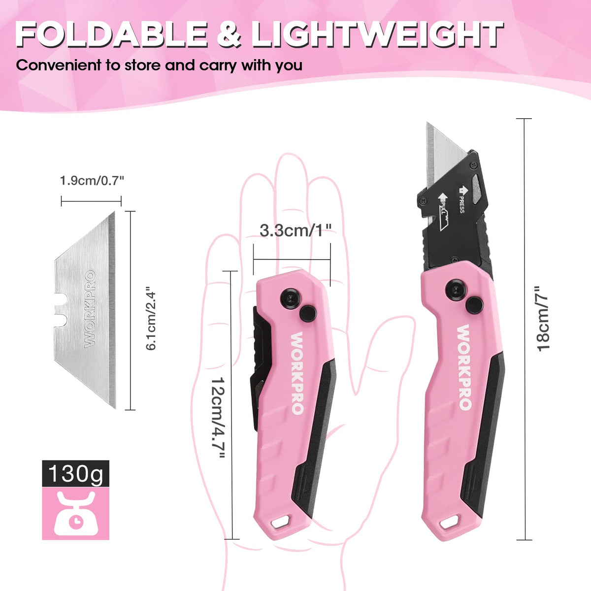 WORKPRO Folding Utility Knife blade storage shows internal blade case.