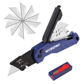 WORKPRO folding knife blue handle shows durable construction for cardboard and boxes.