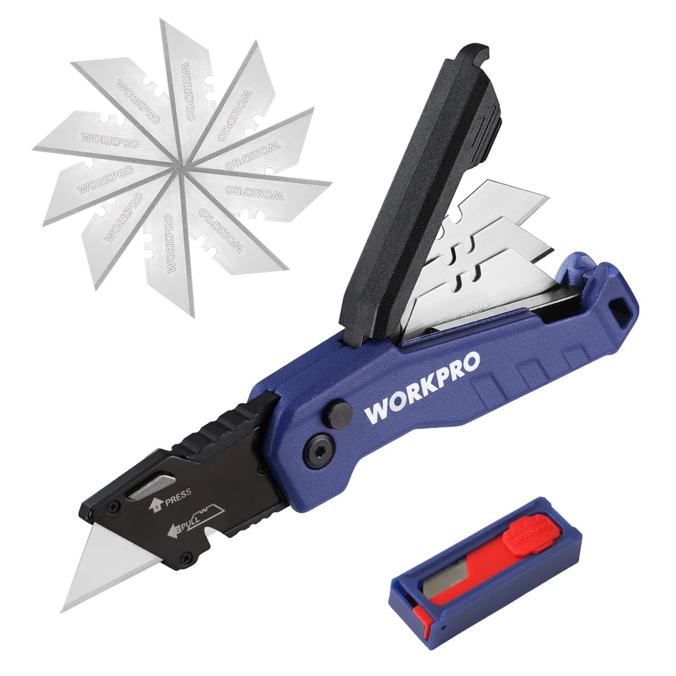WORKPRO folding knife blue handle shows durable construction for cardboard and boxes.