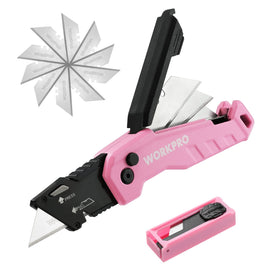 WORKPRO Folding Utility Knife compact fold for portable carton cutting.