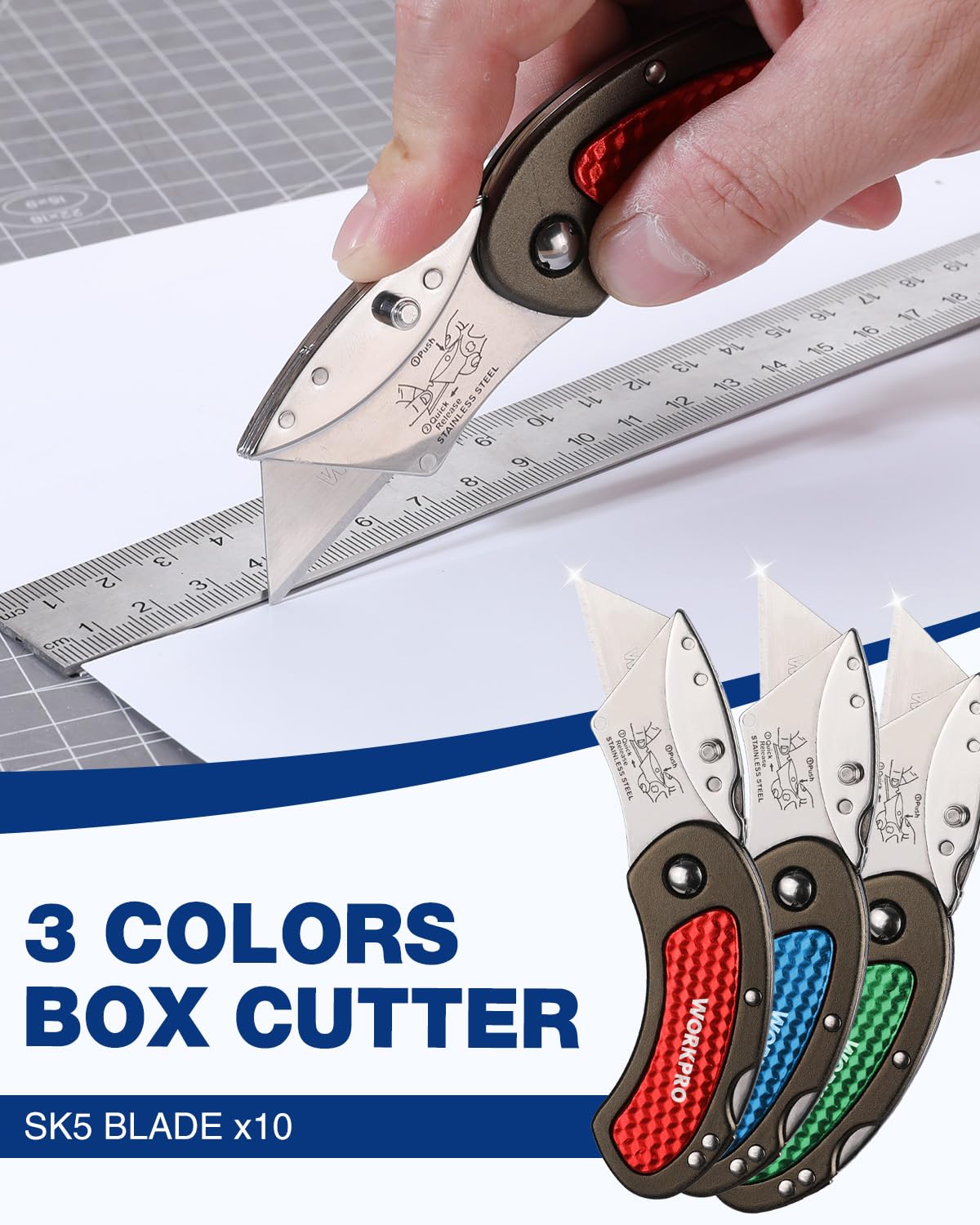 WORKPRO folding knife compact closed form fits pocket.