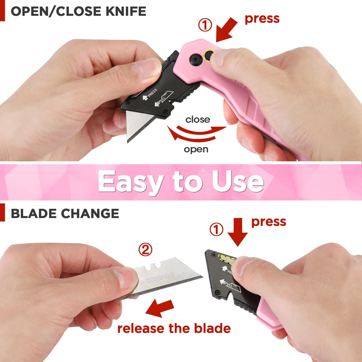 WORKPRO Folding Utility Knife ergonomic grip for comfortable use.