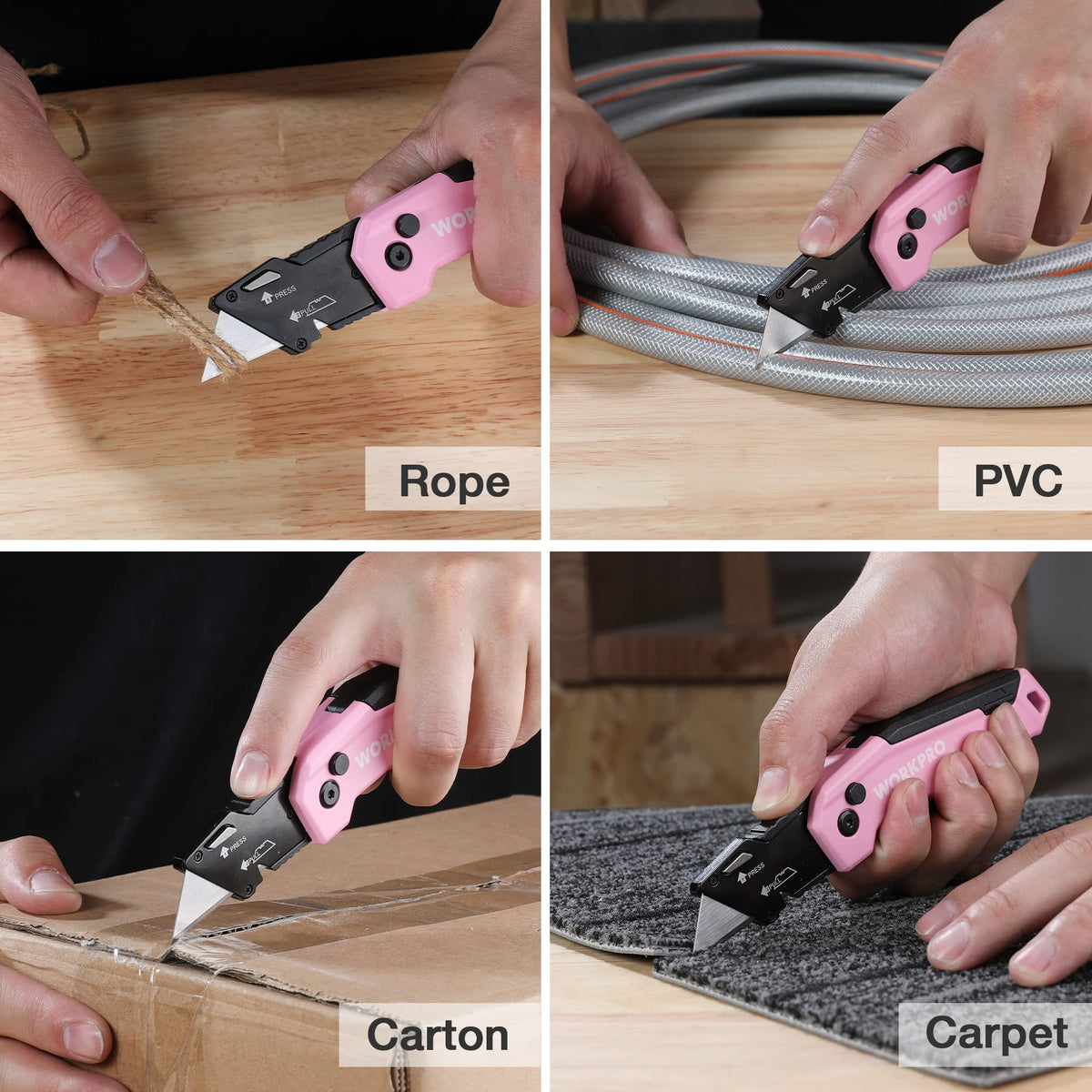 WORKPRO Folding Utility Knife in use cutting cardboard and packaging tasks.