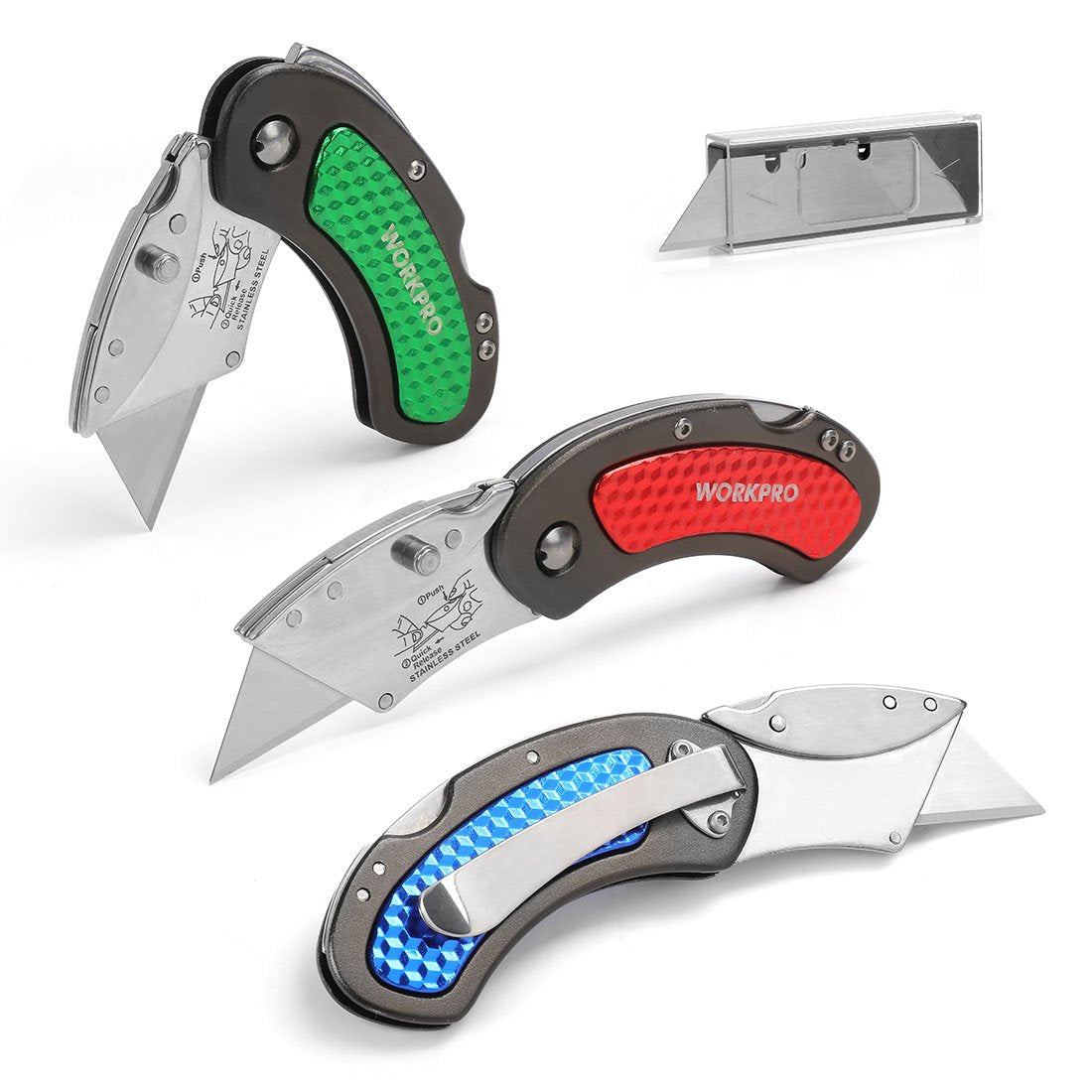WORKPRO folding knife with quick-change button for fast blade swaps.