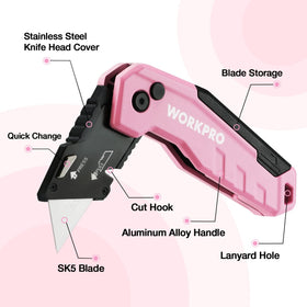WORKPRO Folding Utility Knife quick-change feature enables fast blade replacement.