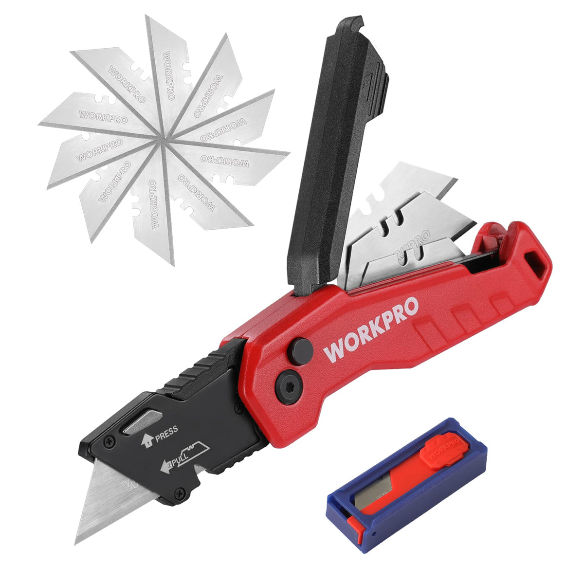 WORKPRO folding knife with red aluminum handle for comfortable grip