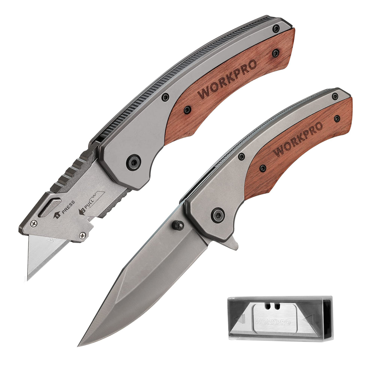 WORKPRO folding knife with wood handle offers durable, precise cuts for home projects.