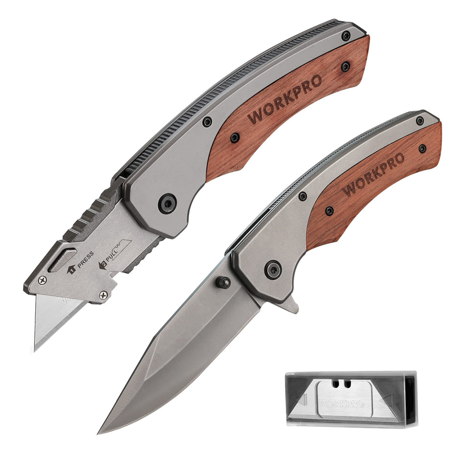 WORKPRO folding knife with wood handle offers durable, precise cuts for home projects.